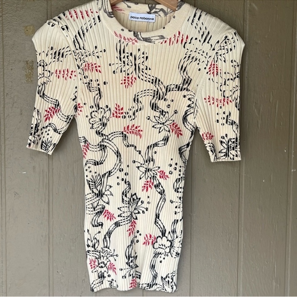 Paco Rabanne 3/4 sleeve Floral Ribbed Knit Top